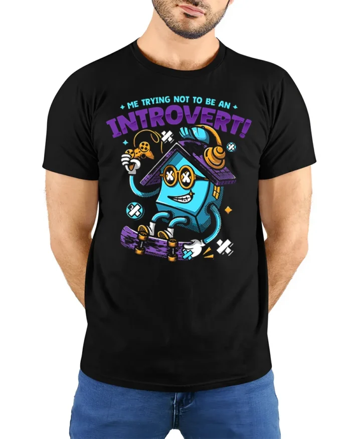 Funny Introvert T-Shirt Quirky Gamer Skater Cartoon - model wearing black shirt, hands behind back
