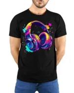 Colorful Headphones T-Shirt Neon Music Vibe Graphic - model wearing black shirt, hands behind back