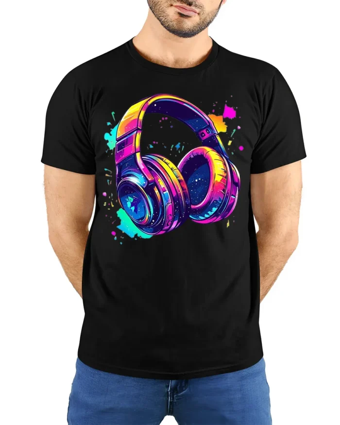Colorful Headphones T-Shirt Neon Music Vibe Graphic - model wearing black shirt, hands behind back