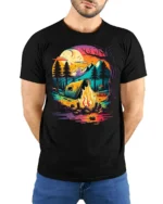 Sunset Camping T-Shirt Colorful Campfire Forest Scene - model wearing black shirt, hands behind back