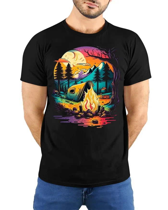 Sunset Camping T-Shirt Colorful Campfire Forest Scene - model wearing black shirt, hands behind back