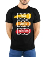 No Fear No Limits No Excuses T-Shirt Motivational - model wearing black shirt, hands behind back