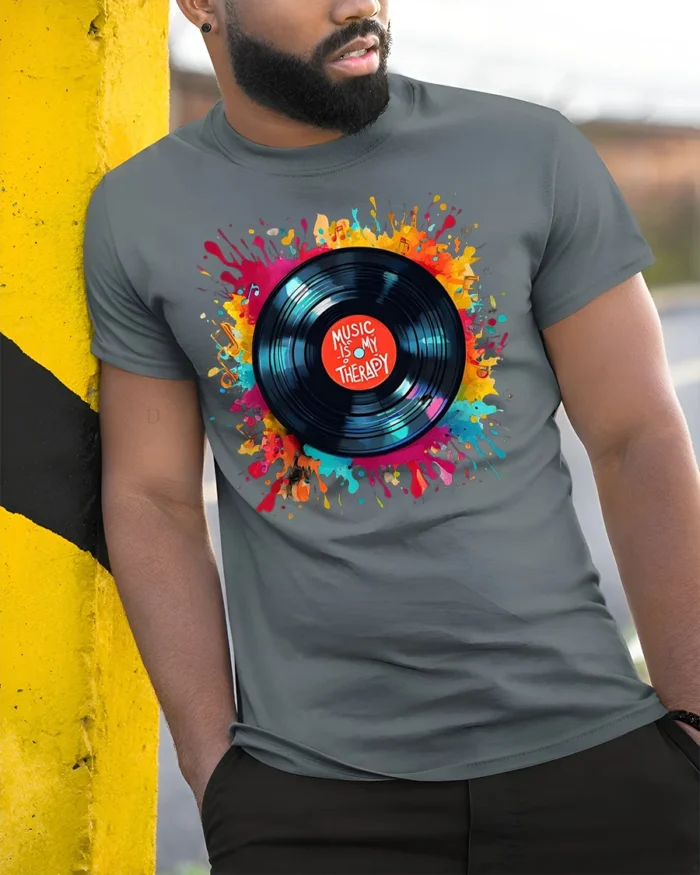 Music Is My Therapy T-Shirt Color Splash Vinyl Design - model in grey shirt leaning against column