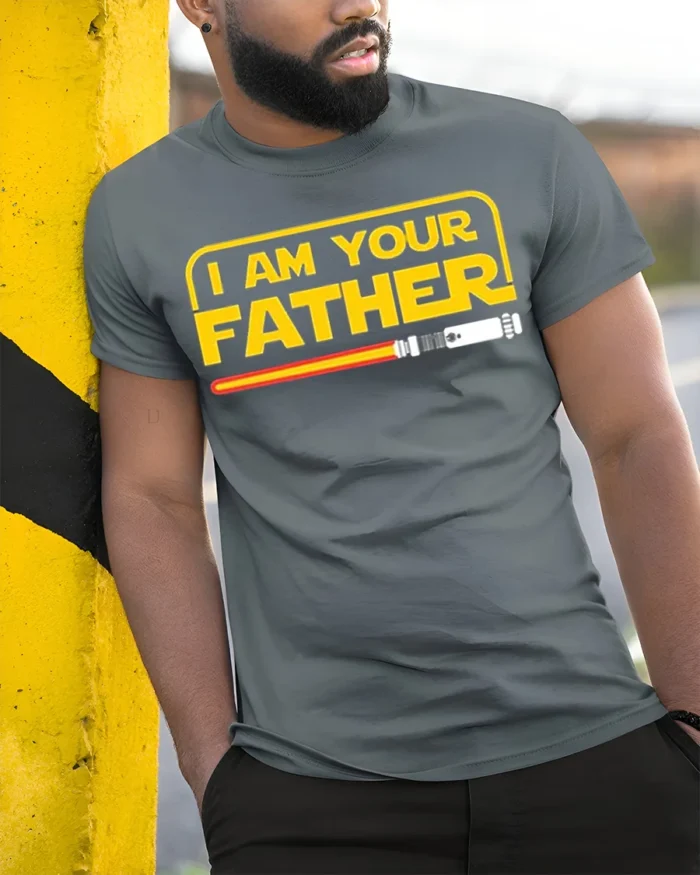 I Am Your Father Funny Sci-Fi T-Shirt for Star Fans - model in grey shirt leaning against column