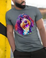 Colorful Dog Art T-Shirt for Dog Lovers and Pet Owners - model in grey shirt leaning against column