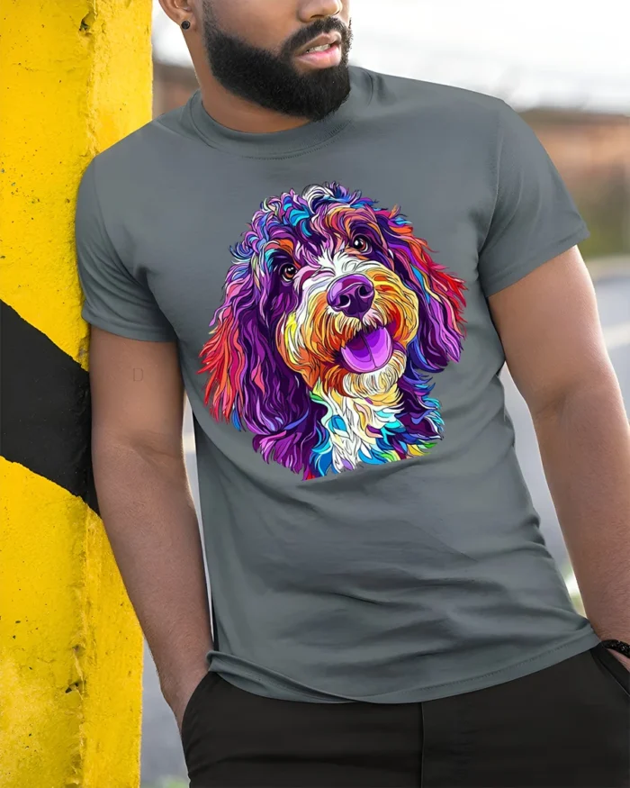 Colorful Dog Art T-Shirt for Dog Lovers and Pet Owners - model in grey shirt leaning against column
