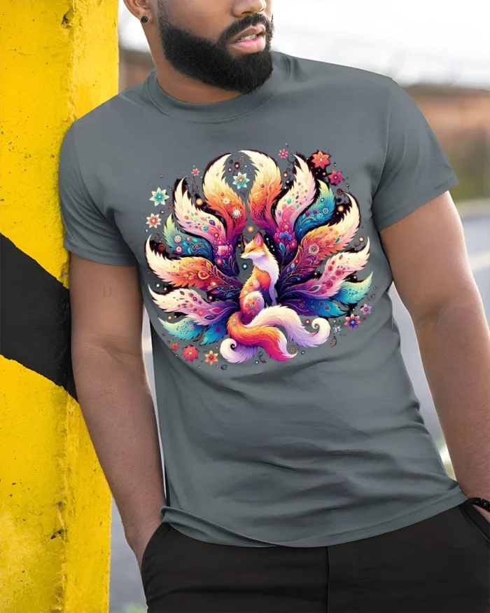 Colorful Nine Tailed Fox T-Shirt with Fantasy Art Design - model in grey shirt leaning against column