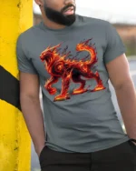 Fiery Fire Cat T-Shirt with Mythical Beast Flame Design - model in grey shirt leaning against column