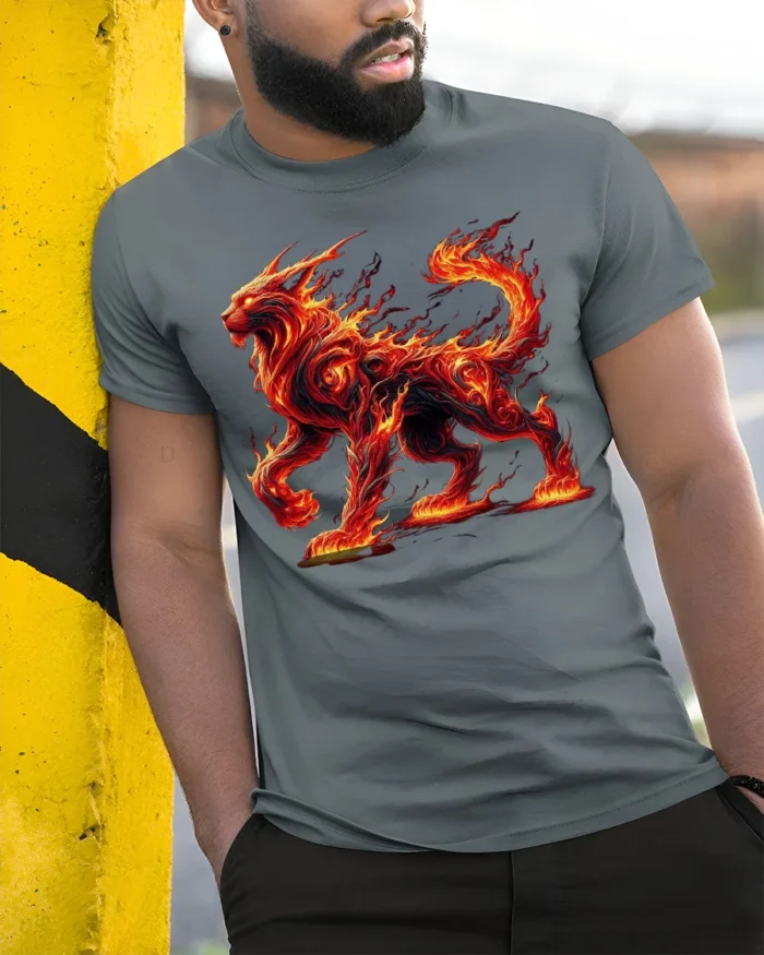 Fiery Fire Cat T-Shirt with Mythical Beast Flame Design - model in grey shirt leaning against column