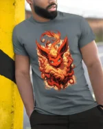 Flame Fox T-Shirt with Fiery Fantasy Creature Artwork - model in grey shirt leaning against column