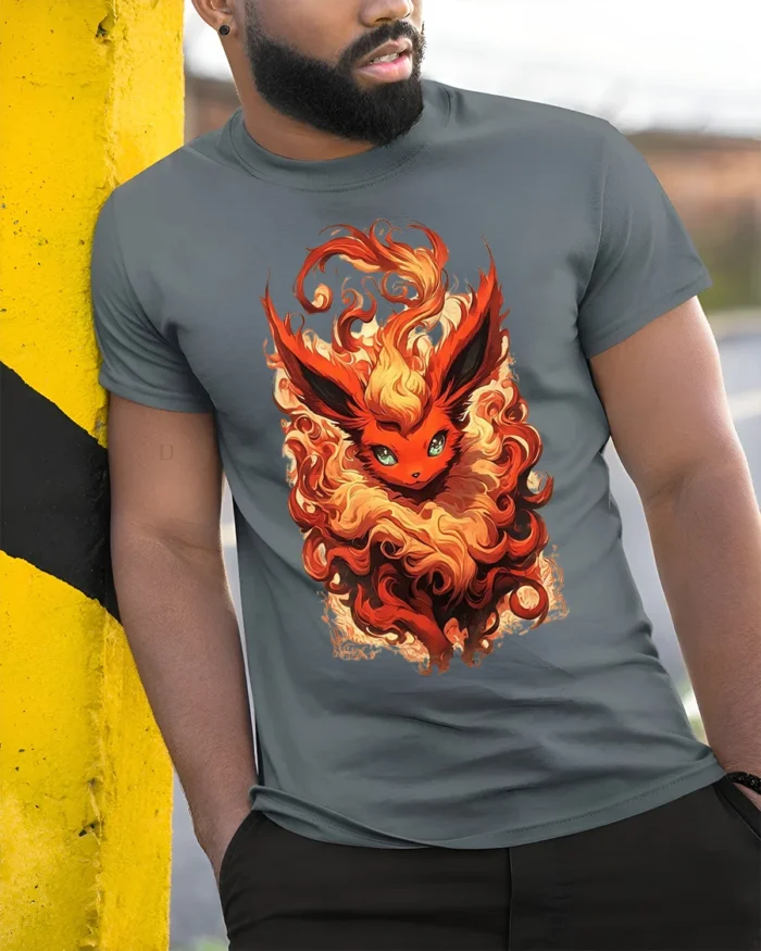 Flame Fox T-Shirt with Fiery Fantasy Creature Artwork - model in grey shirt leaning against column