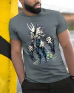 Cyber Skeleton Warrior T-Shirt with Sci-Fi Battle Design - model in grey shirt leaning against column