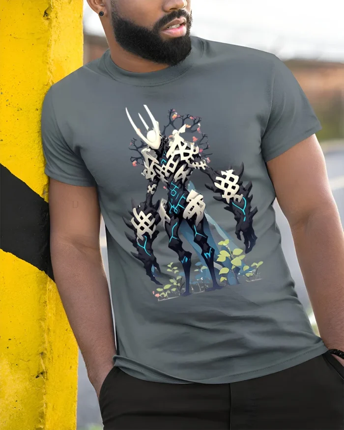 Cyber Skeleton Warrior T-Shirt with Sci-Fi Battle Design - model in grey shirt leaning against column
