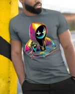 Neon DJ Hoodie Mask T-Shirt Urban Streetwear Vibe - model in grey shirt leaning against column
