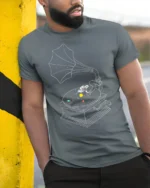 Astronaut Turntable Solar System T-Shirt Space Music - model in grey shirt leaning against column