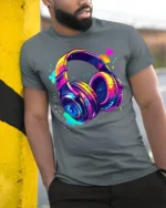 Colorful Headphones T-Shirt Neon Music Vibe Graphic - model in grey shirt leaning against column