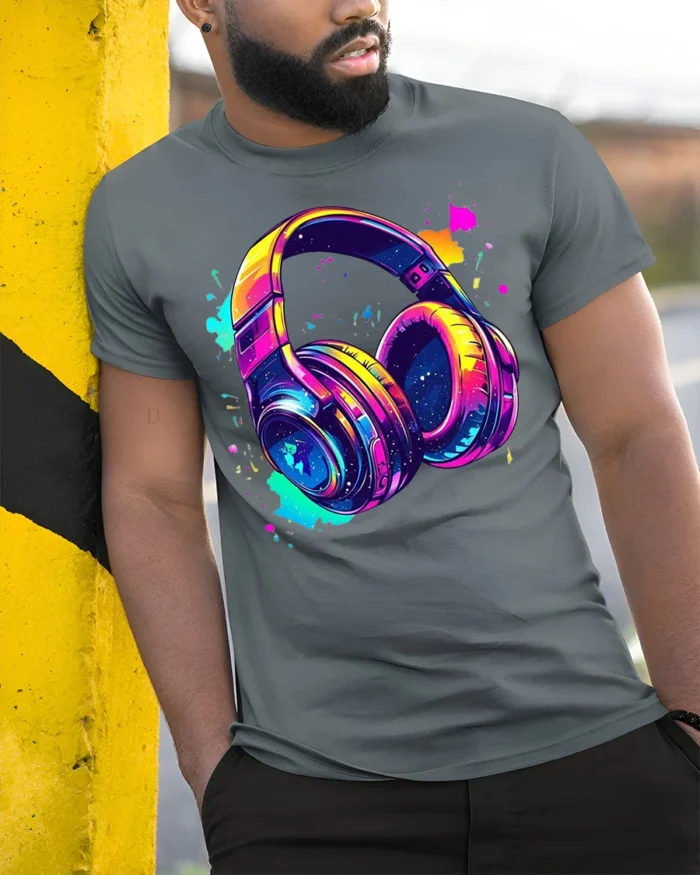 Colorful Headphones T-Shirt Neon Music Vibe Graphic - model in grey shirt leaning against column