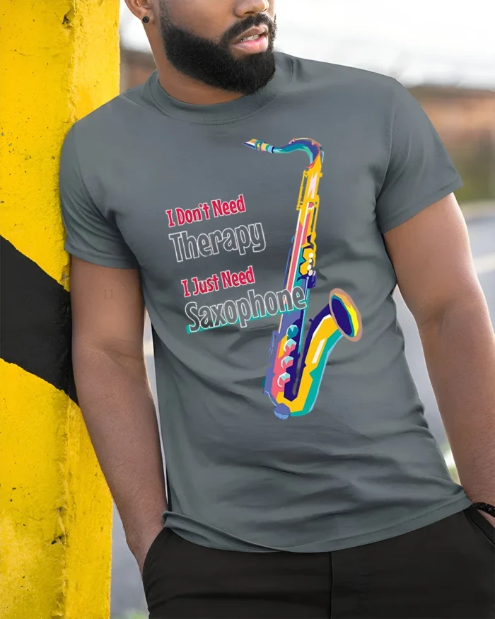 I Just Need Saxophone T-Shirt Colorful Jazz Music - model in grey shirt leaning against column