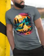 Sunset Camping T-Shirt Colorful Campfire Forest Scene - model in grey shirt leaning against column
