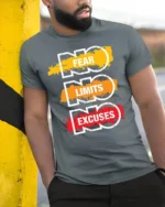 No Fear No Limits No Excuses T-Shirt Motivational - model in grey shirt leaning against column