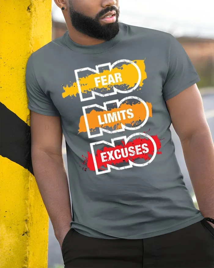 No Fear No Limits No Excuses T-Shirt Motivational - model in grey shirt leaning against column