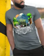 Adventure Family Camp T-Shirt Mountain Camping - model in grey shirt leaning against column