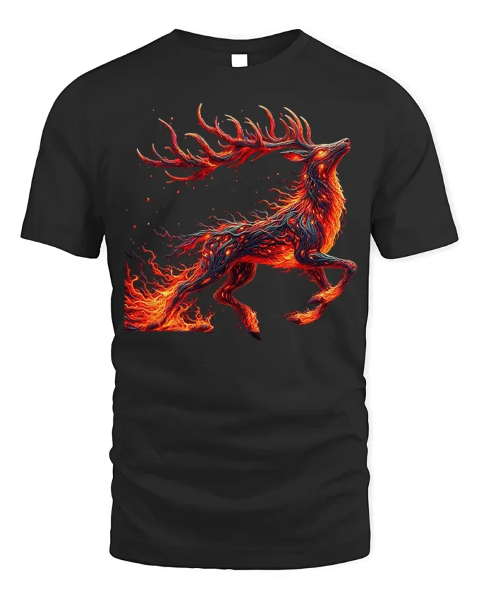 Fire Spirit Deer Graphic T-Shirt Fantasy Flame Art - black t-shirt on white background