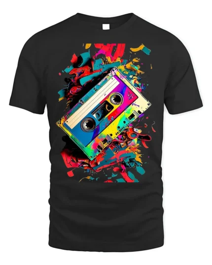 Retro Cassette Tape T-Shirt with Colorful Splash Art - black t-shirt on white background