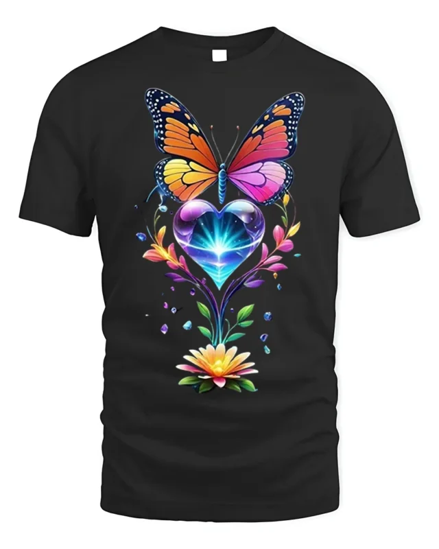 Colorful Butterfly and Heart Flower T-Shirt - black t-shirt on white background