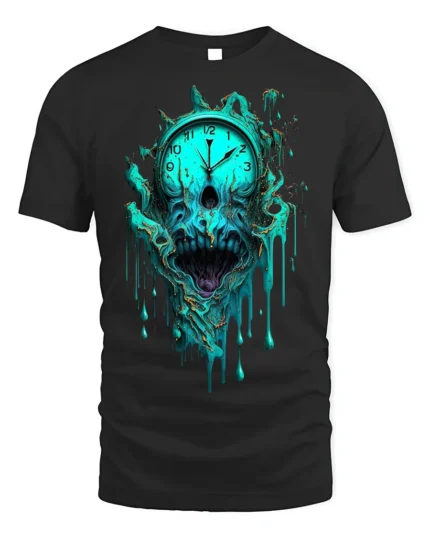 Melting Skull Clock Horror T-Shirt for Dark Aesthetic Fans - black t-shirt on white background
