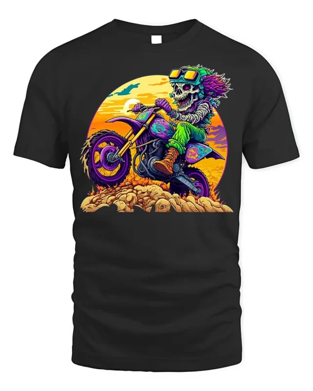 Crazy Skeleton Biker T-Shirt with Sunset Dirt Ride Art - black t-shirt on white background