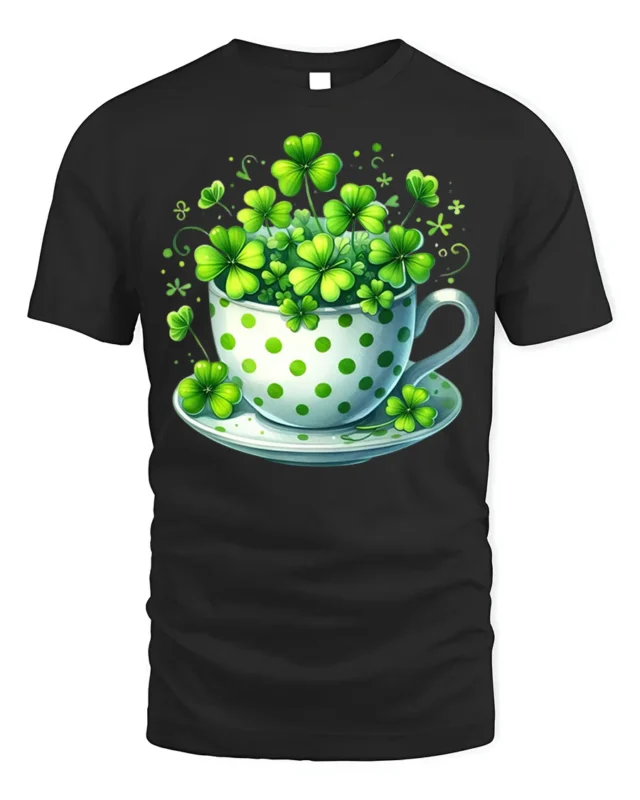 Lucky Shamrock Cup T-Shirt for St. Patrick’s Day Cheer - black t-shirt on white background