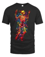 Neon Dancing Skeleton T-Shirt with Colorful Flame Art - black t-shirt on white background