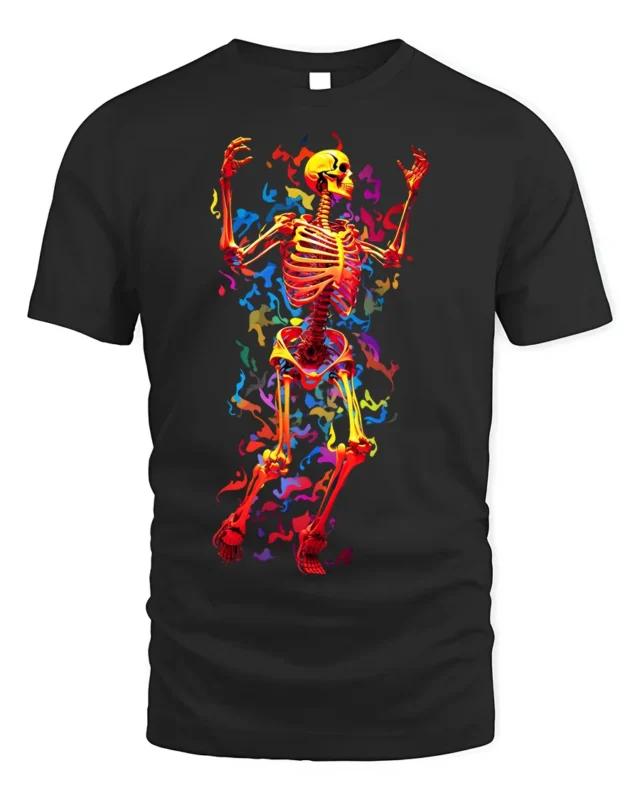 Neon Dancing Skeleton T-Shirt with Colorful Flame Art - black t-shirt on white background