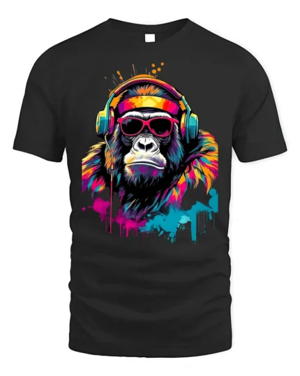 Funky Gorilla Headphones T-Shirt with Neon Graffiti Style - black t-shirt on white background