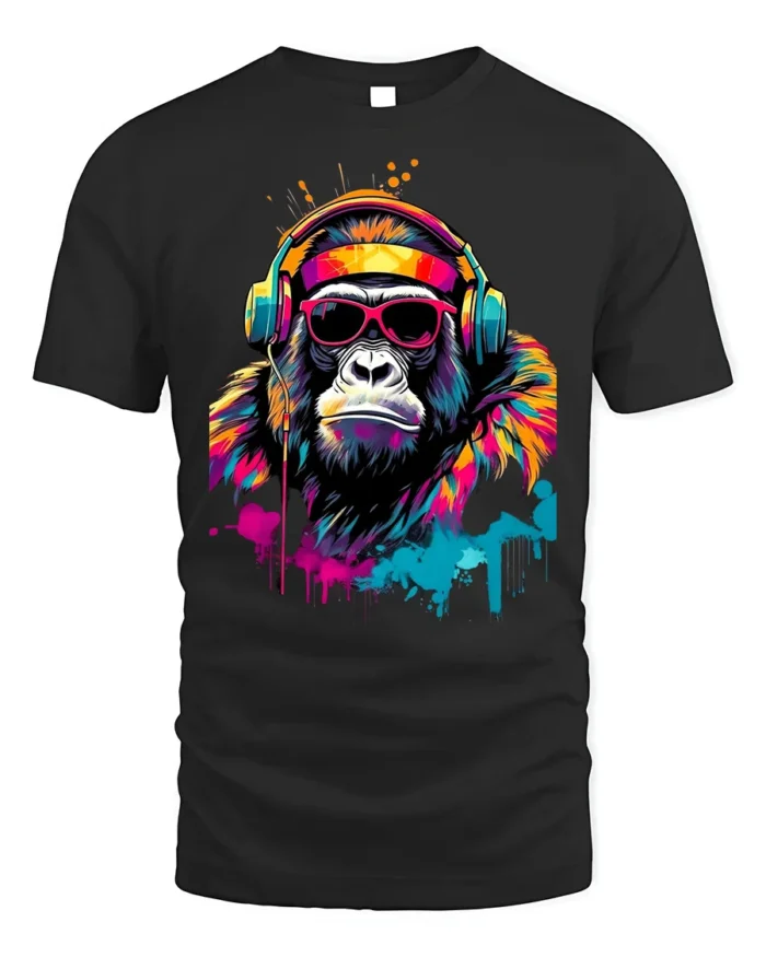 Funky Gorilla Headphones T-Shirt with Neon Graffiti Style - black t-shirt on white background