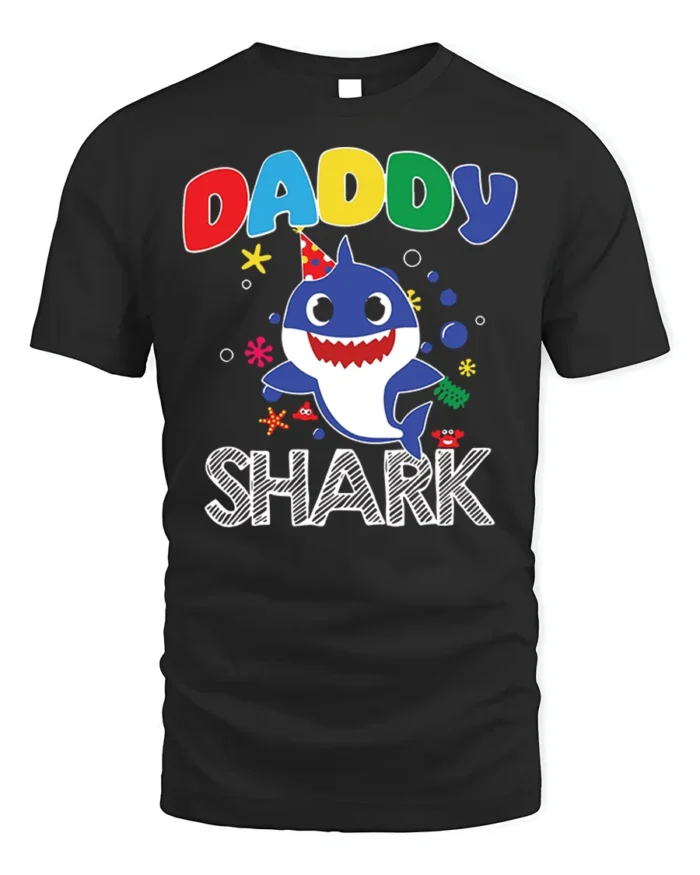 Daddy Shark Birthday T-Shirt for Family Party Fun - black t-shirt on white background