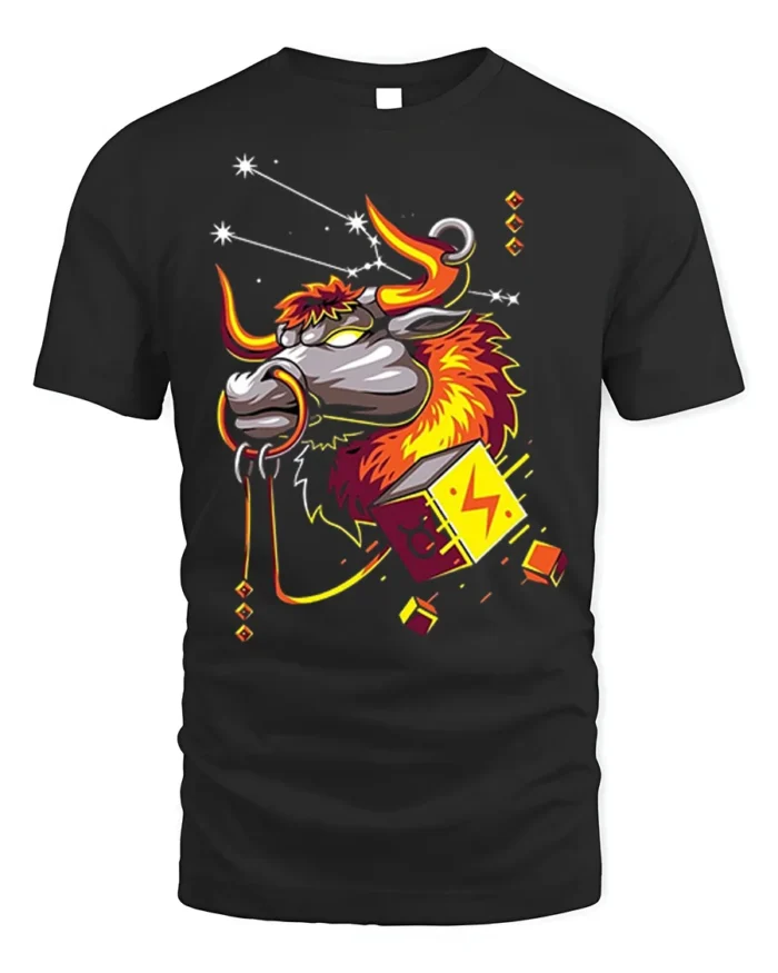 Taurus Bull Zodiac T-Shirt with Electric Cosmic Vibes - black t-shirt on white background