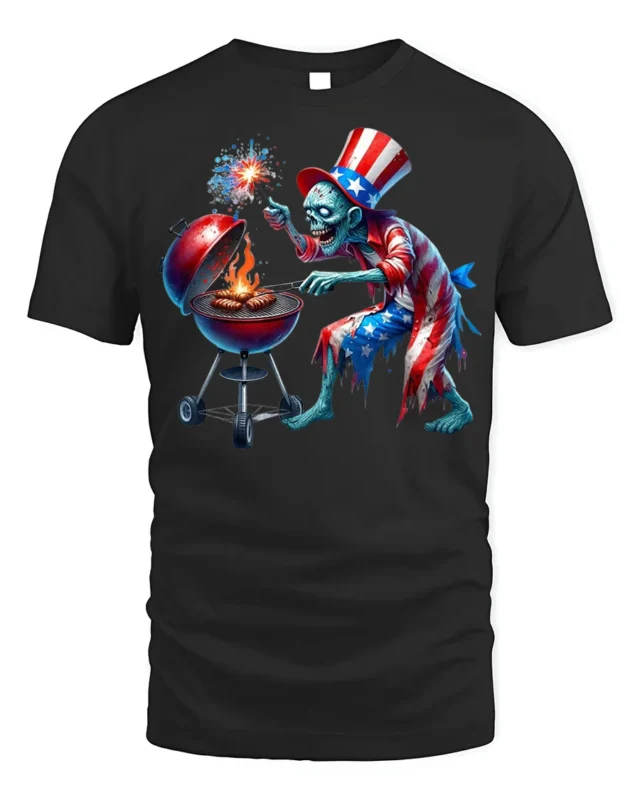 Zombie Uncle Sam BBQ T-Shirt 4th of July Horror Style - black t-shirt on white background