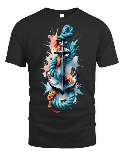 Nautical Anchor Rope T-Shirt Bold Ocean Graphic - black t-shirt on white background