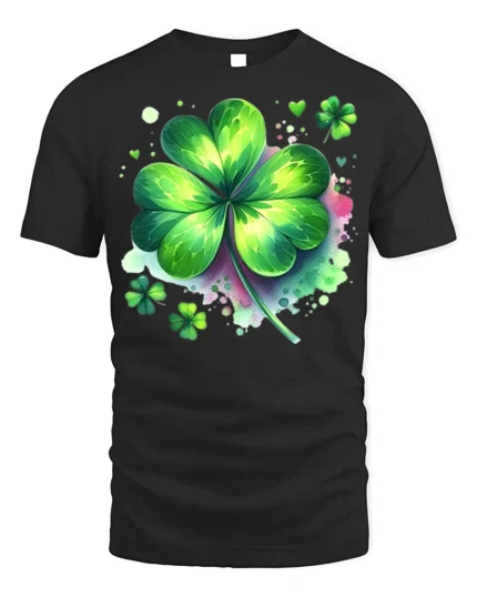 Lucky Four Leaf Clover T-Shirt St. Patrick’s Day - black t-shirt on white background