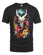 Flaming Oni Skull T-Shirt Floral Demon Samurai Art - black t-shirt on white background