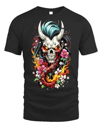 Flaming Oni Skull T-Shirt Floral Demon Samurai Art - black t-shirt on white background