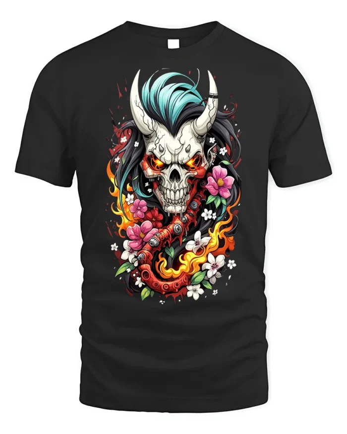 Flaming Oni Skull T-Shirt Floral Demon Samurai Art - black t-shirt on white background