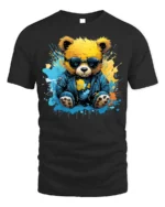Cool Teddy Bear T-Shirt with Shades and Graffiti Splash - black t-shirt on white background