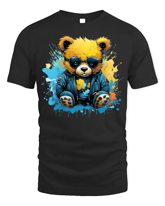 Cool Teddy Bear T-Shirt with Shades and Graffiti Splash - black t-shirt on white background