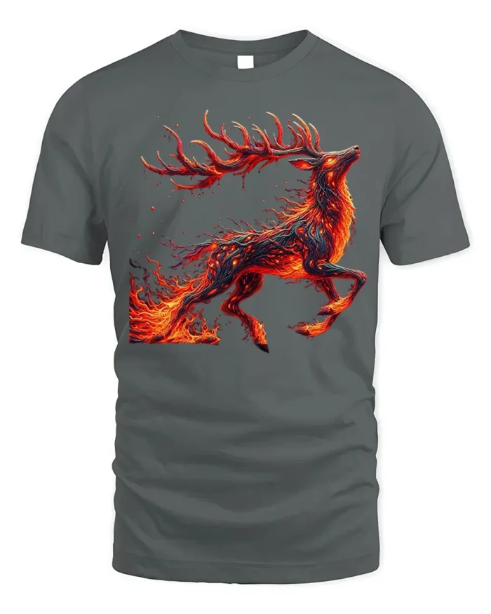 Fire Spirit Deer Graphic T-Shirt Fantasy Flame Art - gray t-shirt on white background