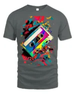 Retro Cassette Tape T-Shirt with Colorful Splash Art - gray t-shirt on white background