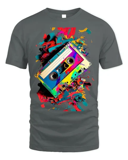 Retro Cassette Tape T-Shirt with Colorful Splash Art - gray t-shirt on white background