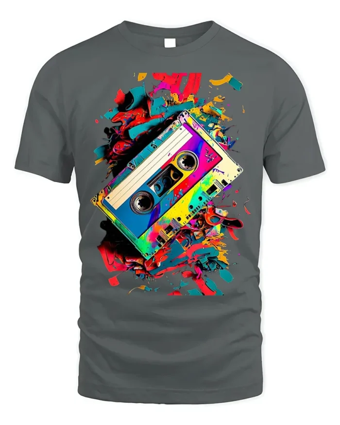 Retro Cassette Tape T-Shirt with Colorful Splash Art - gray t-shirt on white background